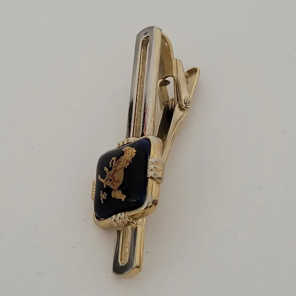 Limoges Castel France Gold Blue Tone Tie Clip Black‎ Horse Design 2 Inch